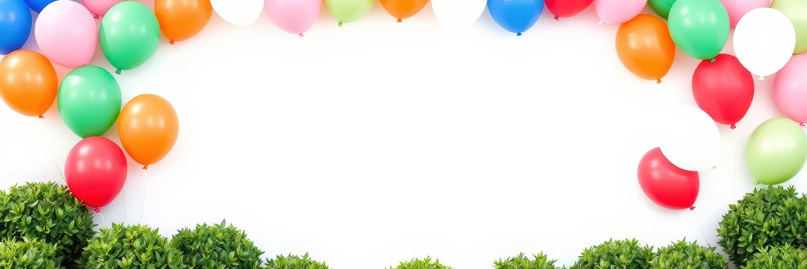 Colorful balloons surrounding green bushes create a festive atmosphere for celebrations